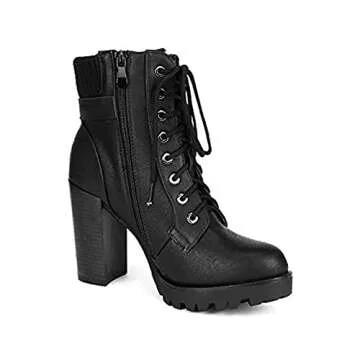 DREAM PAIRS Women's Lace up Combat Ankle Boots High Chunky Heel Fashion Heeled Booties Shoes,Size 7,Black,SCANDL
