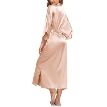 SIORO Women's Silk Robe Satin Kimono Lounge Bathrobe Long Bridesmaid Wedding Party Satin Robes Sleepwear with Pockets