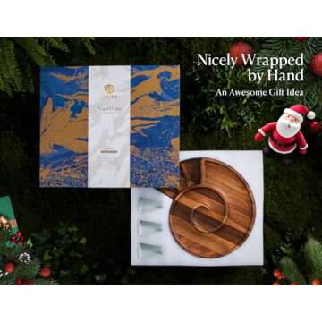 Dofira Nautilus Cheese Board and 4 Knife Set, Acacia Wood Large Round Charcuterie Board Kit with Slate Platter & Ceramic Bowls, Kitchen Gift Set for Housewarming, Bridal Shower, Wedding, Anniversary