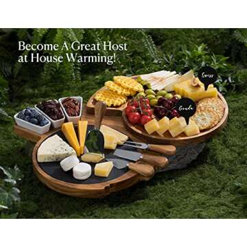 Dofira Nautilus Cheese Board and 4 Knife Set, Acacia Wood Large Round Charcuterie Board Kit with Slate Platter & Ceramic Bowls, Kitchen Gift Set for Housewarming, Bridal Shower, Wedding, Anniversary