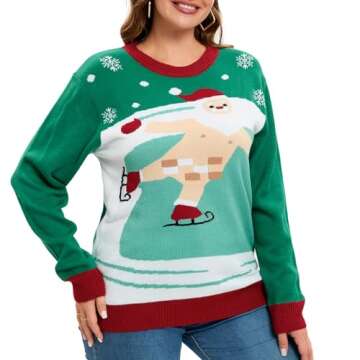 IFFEI Women Men Ugly Christmas Sweater Santa Funny Print Unisex Xmas Crewneck Knitted Pullover Sweaters Green-Santa L