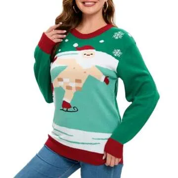 IFFEI Women Men Ugly Christmas Sweater Santa Funny Print Unisex Xmas Crewneck Knitted Pullover Sweaters Green-Santa L