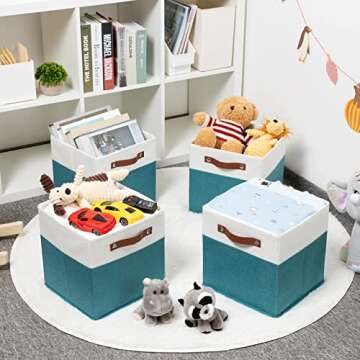 HNZIGE Fabric Storage Cube Bins Baskets for Organizing, 11 inch Cube Storage Bins, Set of 4, Collapsible Storage Bin with Handles, Closet Organizers and Storage Home Toy Nursery Bedroom(White Teal)