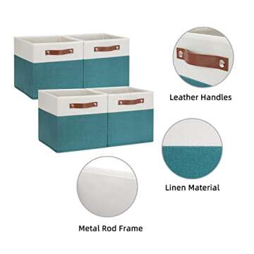 HNZIGE Fabric Storage Cube Bins Baskets for Organizing, 11 inch Cube Storage Bins, Set of 4, Collapsible Storage Bin with Handles, Closet Organizers and Storage Home Toy Nursery Bedroom(White Teal)