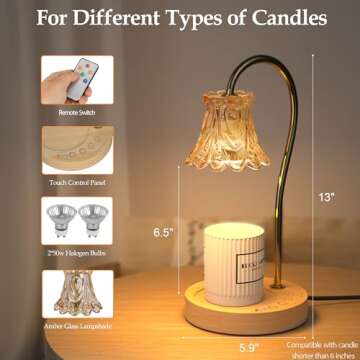 Touch Control Candle Warmer Lamp, Wireless Remote Candle Lamp with Timer & Dimmer, Wax Warmer for Scented Wax Compatible with Yankee Candle Large Jar, Electric Candle Warmer with 2 Bulbs