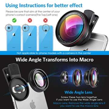 (New) Phone Camera Lens, 0.6X Super Wide Angle Lens, 15X Macro Lens, 2 in 1 Clip-On Cell Phone Lens Attachment Kit for iPhone, Samsung, Other Smartphones