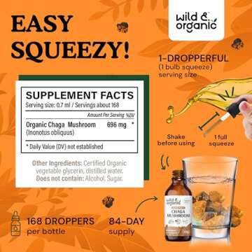 Wild & Organic Chaga Mushroom Drops - Immune Support with Chaga Extract - Liquid Mushroom Supplement for Immunity - Vegan, Sugar & Alcohol-Free Tincture - 4 fl oz