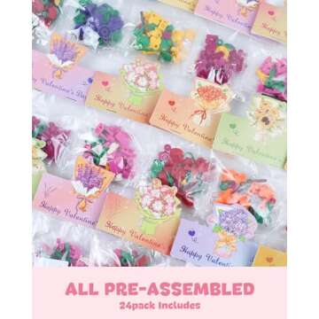 Jinsome 24 Pack Valentine's Flower Bouquets Building Blocks - Ideal for Kids Classroom Exchange, Party Favors, and School Gifts, includes Greeting Cards & Variety Designs for Boys and Girls