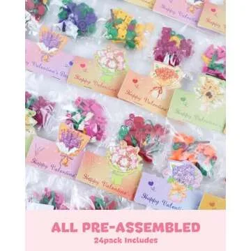 Jinsome 24 Pack Valentine's Flower Bouquets Building Blocks - Ideal for Kids Classroom Exchange, Party Favors, and School Gifts, includes Greeting Cards & Variety Designs for Boys and Girls