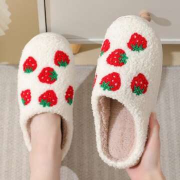 Abubbi Fuzzy Cute Fruit Slippers for Women with Thick and Soft Plush Fleece Winter House shoes (Strawberry,8.5-9.5,8.5,9.5)