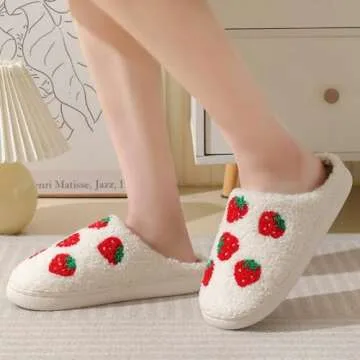 Abubbi Fuzzy Cute Fruit Slippers for Women with Thick and Soft Plush Fleece Winter House shoes (Strawberry,8.5-9.5,8.5,9.5)