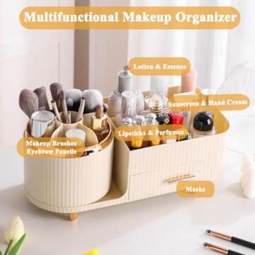 Zufudo Makeup Organizer Countertop with Drawer 360 Rotating Brush Holder Storage Large Capacity Skin...