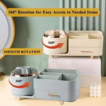 Zufudo Makeup Organizer Countertop with Drawer 360 Rotating Brush Holder Storage Large Capacity Skincare Cosmetic Display Cases for Vanity Bathroom Desktop, Model 3016 Cream