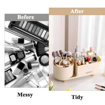 Zufudo Makeup Organizer Countertop with Drawer 360 Rotating Brush Holder Storage Large Capacity Skincare Cosmetic Display Cases for Vanity Bathroom Desktop, Model 3016 Cream