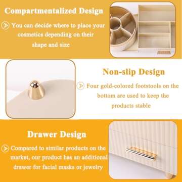 Zufudo Makeup Organizer Countertop with Drawer 360 Rotating Brush Holder Storage Large Capacity Skincare Cosmetic Display Cases for Vanity Bathroom Desktop, Model 3016 Cream