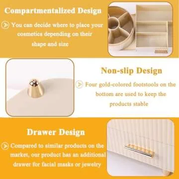 Zufudo Makeup Organizer Countertop with Drawer 360 Rotating Brush Holder Storage Large Capacity Skincare Cosmetic Display Cases for Vanity Bathroom Desktop, Model 3016 Cream