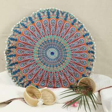 Trade Star Large 32" Round Cushion Cover Decorative Mandala Pillow Sham Case Indian Bohemian Ottoman Pouf Cover Pom Pom Pillow Case Outdoor Cushion Cover for Home Decor (Pattern 6)