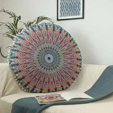 Trade Star Large 32" Round Cushion Cover Decorative Mandala Pillow Sham Case Indian Bohemian Ottoman Pouf Cover Pom Pom Pillow Case Outdoor Cushion Cover for Home Decor (Pattern 6)