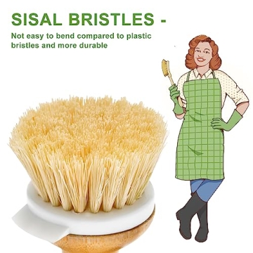 SUBEKYU Bamboo Dish Brush, Kitchen Dish Scrubber Brush with Soap Dispenser, Natural Wooden Dishwashing Brush for Cleaning Dishes/Pans/Pots, Built-in Scraper, Sisal Bristles,1 Set