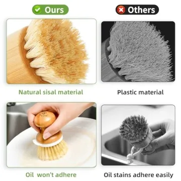 SUBEKYU Bamboo Dish Brush, Kitchen Dish Scrubber Brush with Soap Dispenser, Natural Wooden Dishwashing Brush for Cleaning Dishes/Pans/Pots, Built-in Scraper, Sisal Bristles,1 Set
