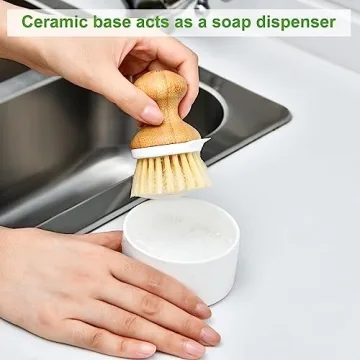 SUBEKYU Bamboo Dish Brush, Kitchen Dish Scrubber Brush with Soap Dispenser, Natural Wooden Dishwashing Brush for Cleaning Dishes/Pans/Pots, Built-in Scraper, Sisal Bristles,1 Set