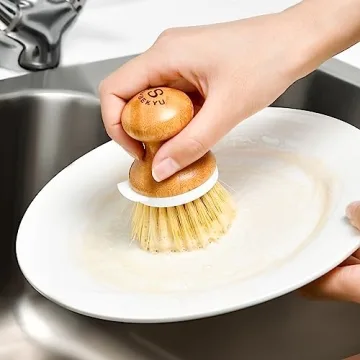 SUBEKYU Bamboo Dish Brush, Kitchen Dish Scrubber Brush with Soap Dispenser, Natural Wooden Dishwashing Brush for Cleaning Dishes/Pans/Pots, Built-in Scraper, Sisal Bristles,1 Set