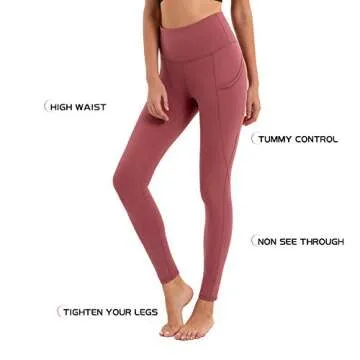BROMEN Women’s High Waisted Yoga Pants with Pockets Leggings for Women Buttery Soft Work Out Pants Tummy Control Red Pink S