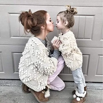 CHICWISH Women's Hand Knit Heart Balls Ivory Cardigan S-M