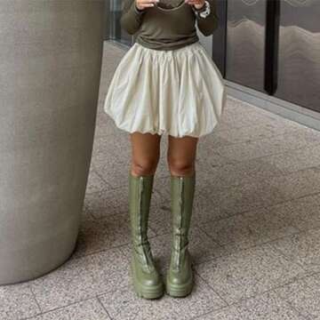 Women Vintage Mini Lantern Skirt Cottage Loose Fit Elastic Waist Short Puff Skirt 00s Fairy Y2K Cute Bubble Bottoms (A White Lantern Mini Skirts, L)