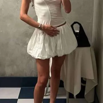 Women Vintage Mini Lantern Skirt Cottage Loose Fit Elastic Waist Short Puff Skirt 00s Fairy Y2K Cute Bubble Bottoms (A White Lantern Mini Skirts, L)