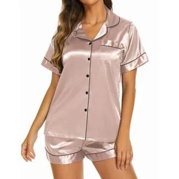 Ekouaer Satin Pajamas for Women Summer Silky Short Sleeve Sleepwear Button Down Nightwear Silk 2 Piece Pjs Shorts Set,Pale Coffee,Small