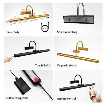 lsvgoe 23" Wireless Picture Lights, Rechargeable Battery Art Display Light with Remote Control, Dimmable/Timer Off Dartboard Light, 3 Lighting Modes Full Metal Painting Display Lights(Gold)