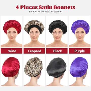 4Pcs Silk Bonnet for Sleeping, Satin Hair Bonnets, Soft Elastic Band Silk Sleep Cap, Hair Wrap for Women(Black Wine Red Purple Gold)
