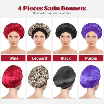 4Pcs Silk Bonnet for Sleeping, Satin Hair Bonnets, Soft Elastic Band Silk Sleep Cap, Hair Wrap for Women(Black Wine Red Purple Gold)