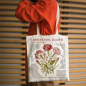 BeeGreen Carnation Canvas Tote Bag With 2 Inner Pockets Floral Canvas Bag Mother's Day Gift Bag 12 oz Aesthetic Tote Bag w Handles Large Capacity Bag for Women Mom Friends