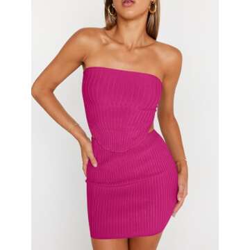 LILLUSORY Women's Two Piece Skirt Set Sexy Summer Vacation Outfits Matching Night Out Crop Tops and Bodycon Pink L