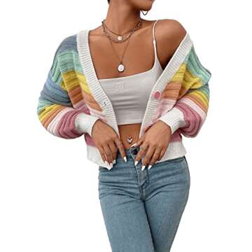 SweatyRocks Women's Color Block V Neck Button Front Knit Cardigan Sweater Outerwear Rainbow M