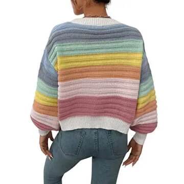SweatyRocks Women's Color Block V Neck Button Front Knit Cardigan Sweater Outerwear Rainbow M