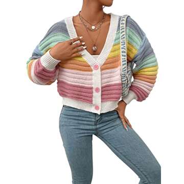 SweatyRocks Women's Color Block V Neck Button Front Knit Cardigan Sweater Outerwear Rainbow M