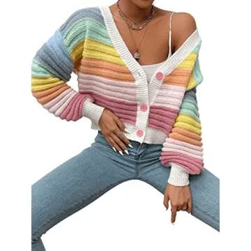 SweatyRocks Women's Color Block V Neck Button Front Knit Cardigan Sweater Outerwear Rainbow M