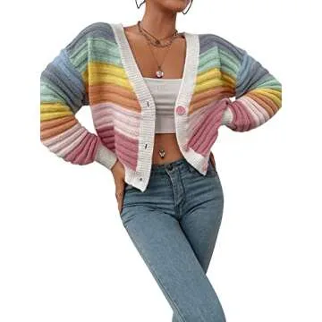 SweatyRocks Women's Color Block V Neck Button Front Knit Cardigan Sweater Outerwear Rainbow M