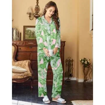 Ekouaer Women's Satin Pajama Set - Classic Pattern, Silky Sleepwear in Large, Pink Palm Leaves