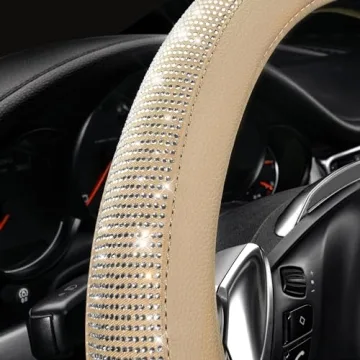 Bling Diamond Beige Leather Steering Wheel Cover