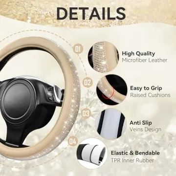 Bling Diamond Beige Leather Steering Wheel Cover
