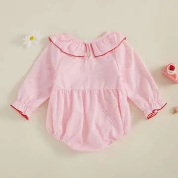 mlpeerw My First Valentines Baby Girl Outfit Newborn Heart Smocked Bubble Romper Bodysuit Cute Valentines Clothes