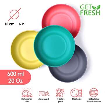 GET FRESH Bamboo Kids Bowls Set - 4-pack Reusable Bamboo Dinnerware Bowls For Kids and Toddlers - Co...