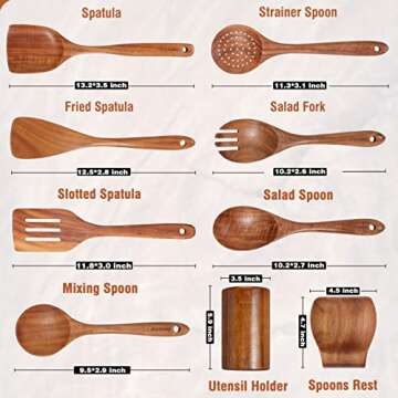 Mooues 9 Piece Natural Teak Wooden Kitchen Utensil Set with Spoon Rest - Comfort Grip Cooking Spoons...