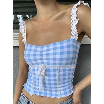 Y2k Vest Going Out Tops for Women Crochet Tube Tank Top Summer Aesthetic Strapless Bandeau Crop Tops (1-Blue Plaid, L)