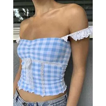 Y2k Vest Going Out Tops for Women Crochet Tube Tank Top Summer Aesthetic Strapless Bandeau Crop Tops (1-Blue Plaid, L)