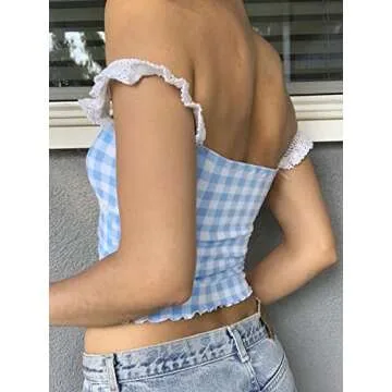 Y2k Vest Going Out Tops for Women Crochet Tube Tank Top Summer Aesthetic Strapless Bandeau Crop Tops (1-Blue Plaid, L)